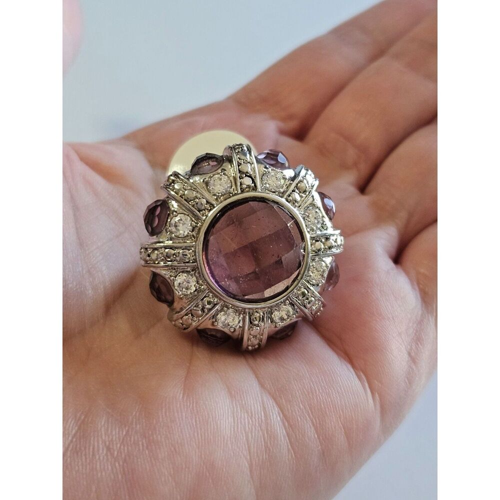 Silver tone purple rhinestone ring size 8
